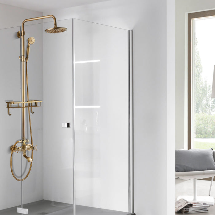gotonovo 8 inch Rain Shower Head Wall Mounted Exposed Bathroom Shower Faucet Antique Brass with Shower Shelf Double Cross Handles Adjustable Handheld Sprayer Shower System 3 Function with Tub Spout