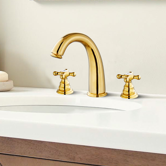 gotonovo 8 Inch Bathroom Sink Faucet Gold Polished 3 Hole Deck Mount Widespread Bathroom Faucet with Pop up Drain with Double Cross Handle Lavatory Faucet with Hot and Cold Marks