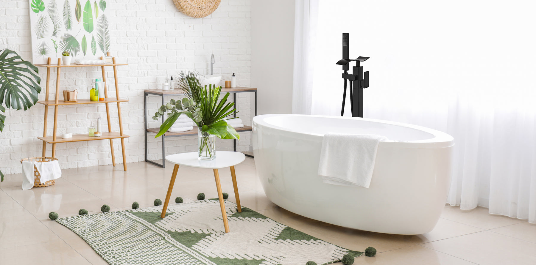 Freestanding Bathtub Faucet Floor Mount Waterfall Tub Filler Brass Tap Single Handle with Hand Shower and 360 Degree Swivel Spout