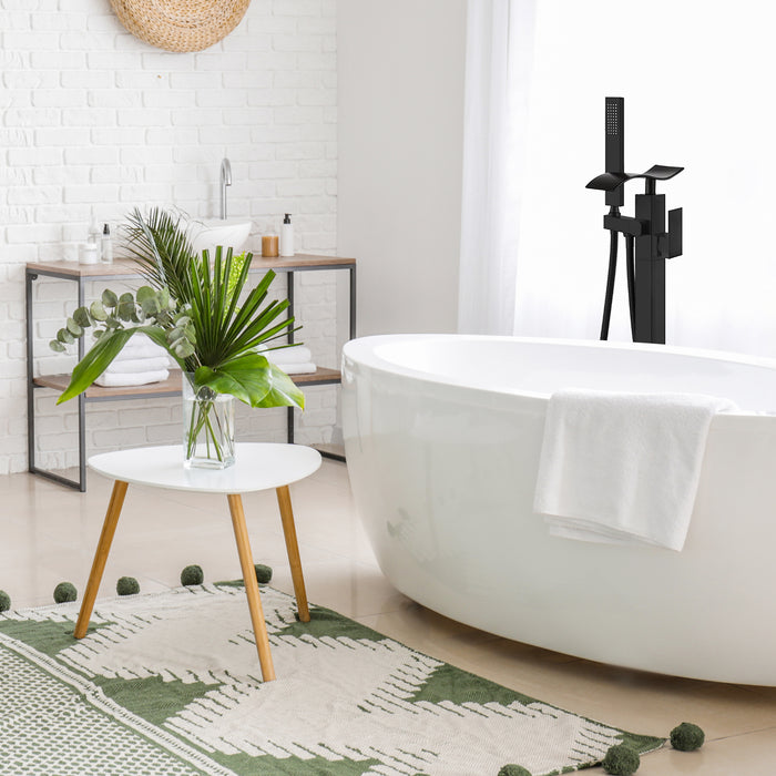 Freestanding Bathtub Faucet Floor Mount Waterfall Tub Filler Brass Tap Single Handle with Hand Shower and 360 Degree Swivel Spout