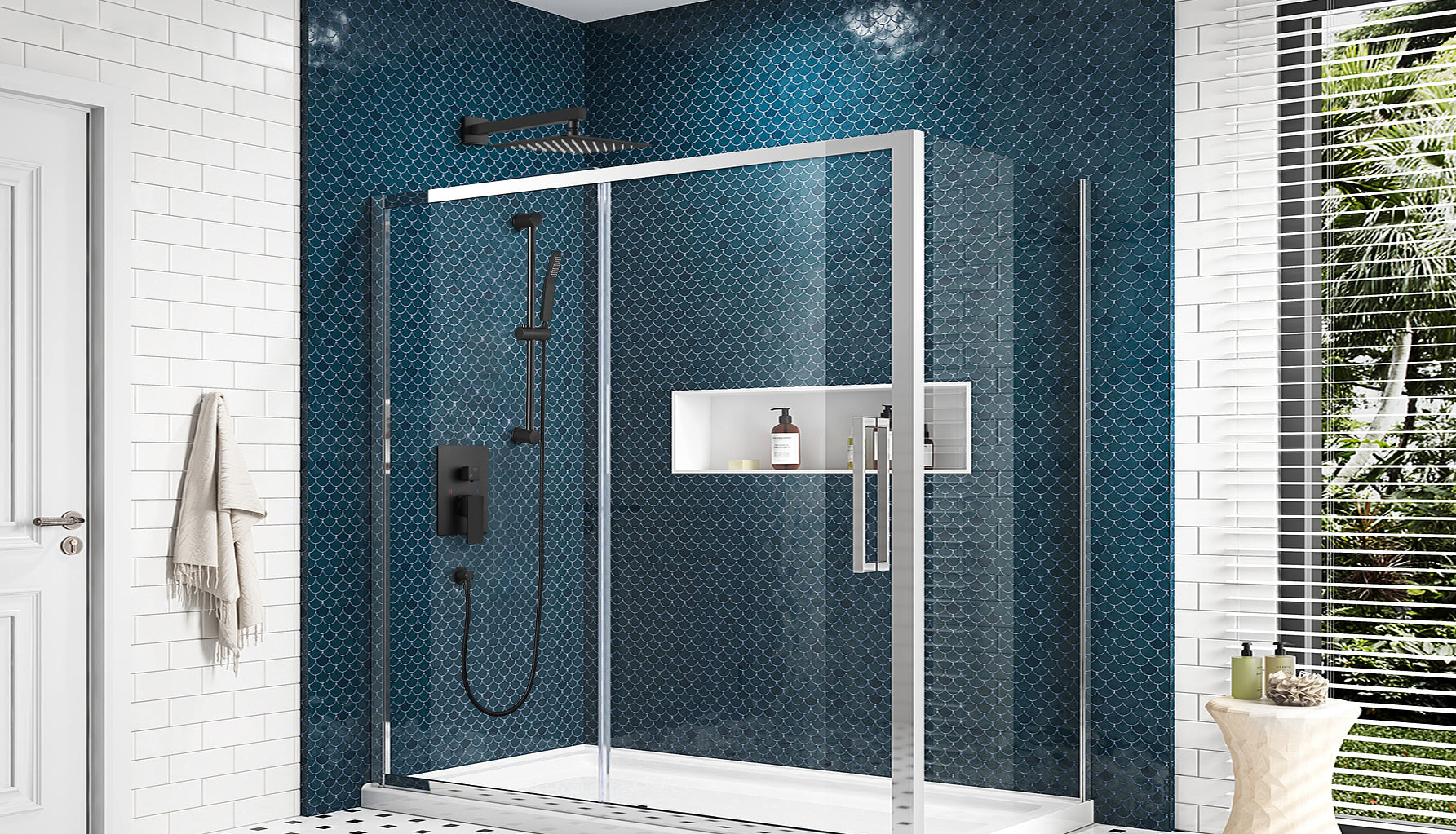 Gotonovo Matte Black Shower Faucet Set 12 inch Square Rain Shower Head with Adjustable Angle Slide Bar Wall Mounted Shower Trim Kit Pressure Balance Shower System Rough-in Valve and Trim Included