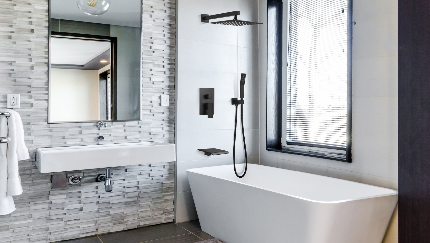 Matte Black Rain Mixer Shower Faucet Set with Waterfall Tub Spout Square Rainfall Shower Head with Handheld Spray