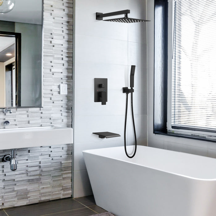 Matte Black Rain Mixer Shower Faucet Set with Waterfall Tub Spout Square Rainfall Shower Head with Handheld Spray