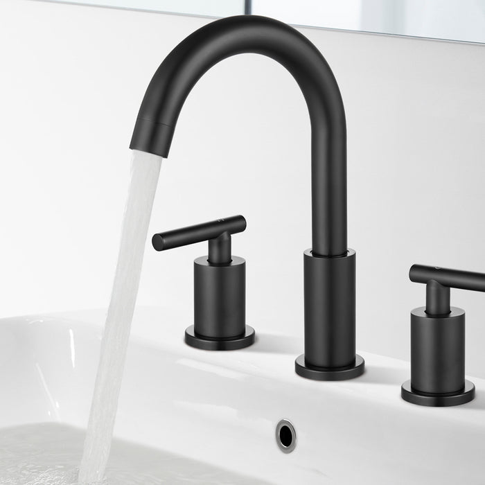 gotonovo 8 Inch Matte Black Widespread Bathroom Faucet 3 Hole Vanity Basin Gooseneck Bathroom Sink Faucet 2 Handles Mixer Tap Deck Mount with Pop-Up Drain