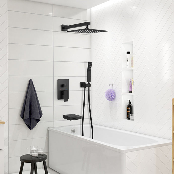 Rain Mixer Shower Faucet Set with Waterfall Tub Spout 10 inch Square Rainfall Shower Head with Handheld Spray