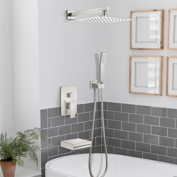 gotonovo Rain Mixer Shower Faucet Set Brushed Nickel Waterfall Tub Spout with 12 inch Square Rainfall Shower Head and Handheld Spray Wall Mounted High Pressure Rough-in Valve and Trim Included
