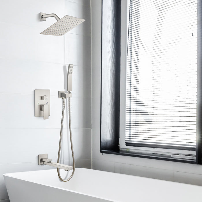 gotonovo Shower Faucet Set Brushed Nickel Wall Mount Triple Function Bathroom Shower System with Tub Spout High Pressure Square 8" Rain Showerhead Hand Shower Rough-In Valve