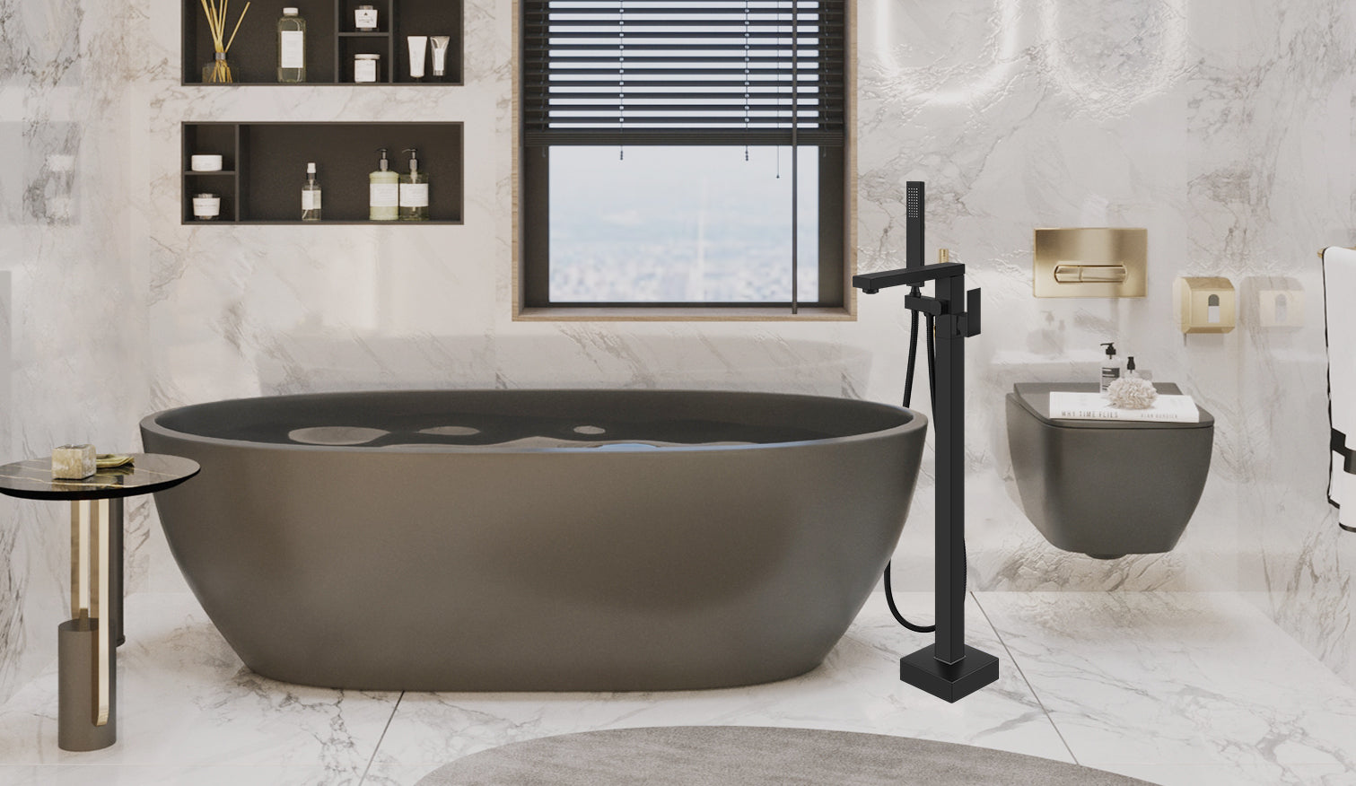 Freestanding Bathtub Faucet Floor Mount Tub Filler Single Handle Brass Tap with Hand Shower