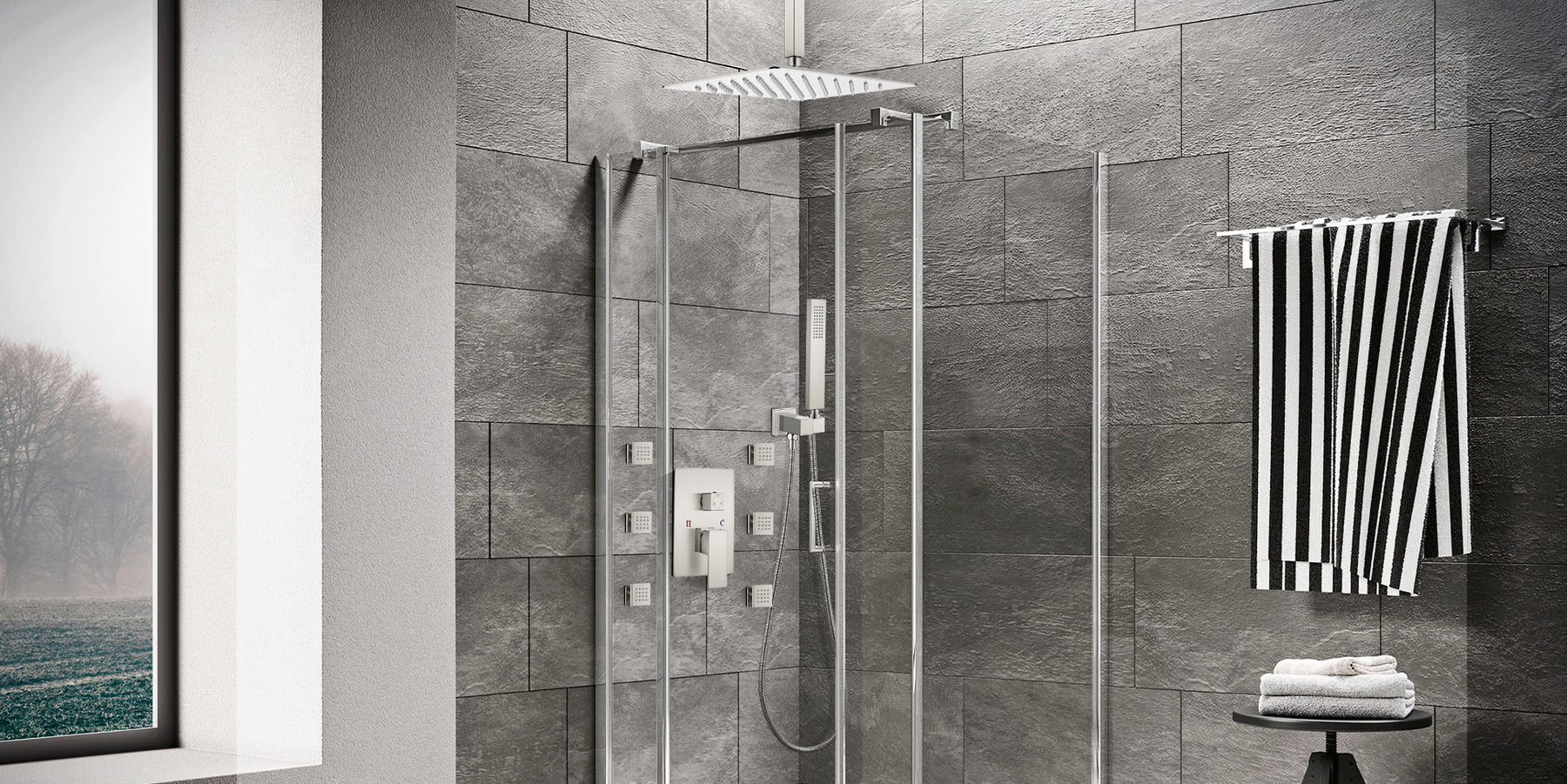 gotonovo Ceiling Mounted Rain Mixer Shower Faucet Set Brushed Nickel 12 inch Square Rainfall Shower Head with 6 Body Spray Jets and Brass Handshower Rough-in Valve and Trim Included