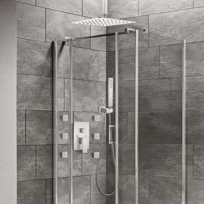 gotonovo Ceiling Mounted Rain Mixer Shower Faucet Set Brushed Nickel 12 inch Square Rainfall Shower Head with 6 Body Spray Jets and Brass Handshower Rough-in Valve and Trim Included