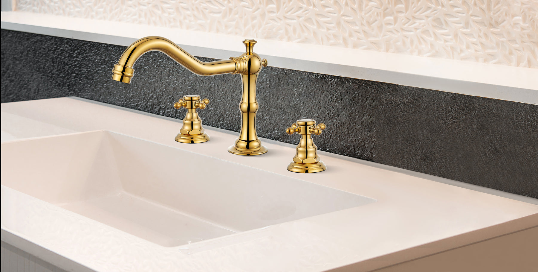gotonovo Widespread Bathroom Faucet with Pop Up Drain Assembly Included with Overflow Silver Polished Gold 3 Holes Deck Mounted Victorian Style Dual Cross Knobs Hot and Cold Water