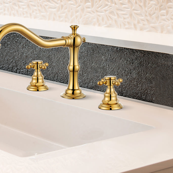 gotonovo Widespread Bathroom Faucet with Pop Up Drain Assembly Included with Overflow Silver Polished Gold 3 Holes Deck Mounted Victorian Style Dual Cross Knobs Hot and Cold Water
