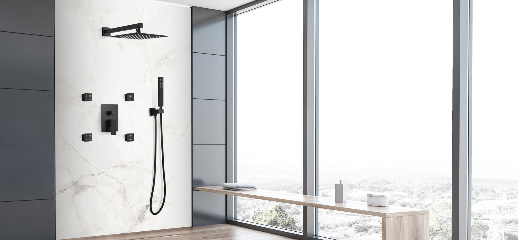 gotonovo Rain Mixer Shower Faucet Set 12 inch Square Rainfall Shower Head with  Body Spray Jets and Brass Handshower Matte Black Wall Mounted Pressure Balance Rough-in Valve and Trim Included