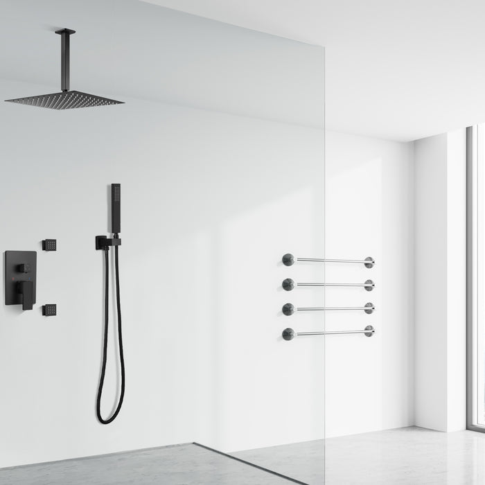 gotonovo Ceiling Mounted Rain Mixer Shower Faucet Set 12 inch Square Rainfall Shower Head with 4 Body Spray Jets
