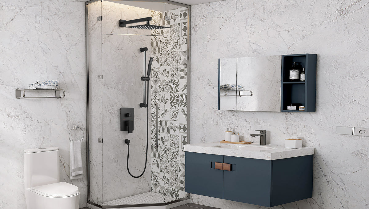 Matte Black Shower Faucet Set 12 inch Square Rain Shower Head with Adj ...