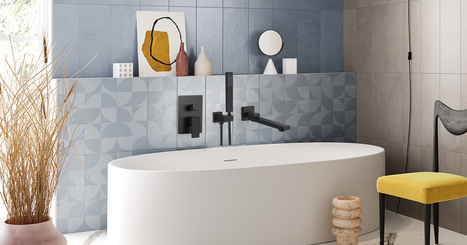 Wall Mount Bathtub Faucet with Hand Held Sprayer and Swivel Tub Filler Dual Functions Single Handle Bathroom Shower System Mixer For Tub