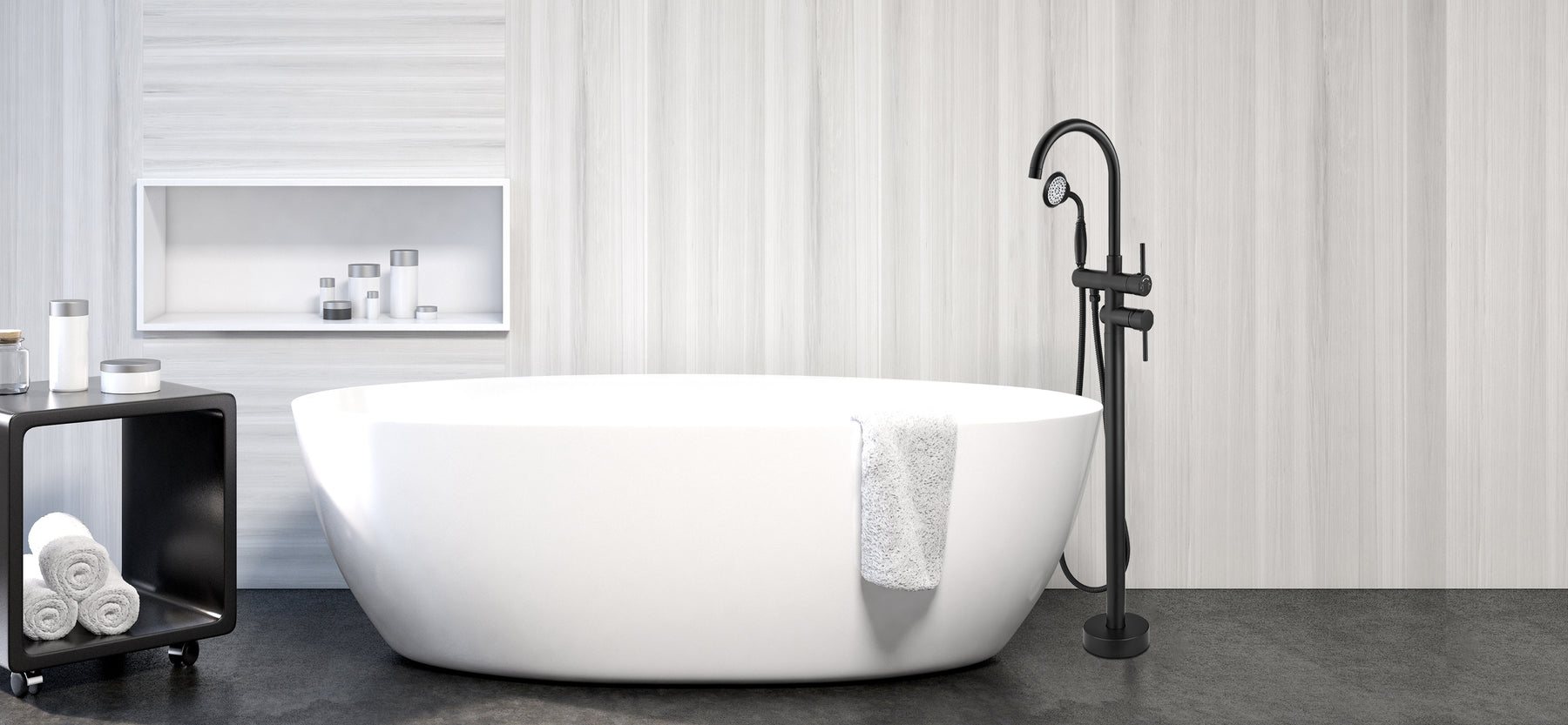 Black Freestanding Bathtub Faucet Tub Filler with Ceramic Hand Held Shower Floor-Mount High Flow Brass Bathtub Faucet with Hand Sprayer