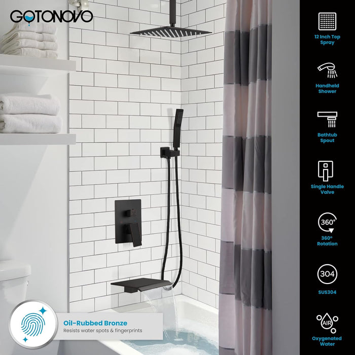gotonovo Rain Shower System Rainfall Shower Head Combo Shower Faucet Set with Waterfall Bathtub Spout Handheld Shower Ceiling Mount Rough-in Valve Kit Included 12" Oil Rubbed Bronze