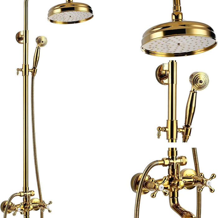 Gold Polished Shower Faucet Sets 8 Inch Rainfall Shower Head Bathtub 2 Cross Knobs Mixer Rain Shower System Adjustable Hand Held Spray Shower Unit
