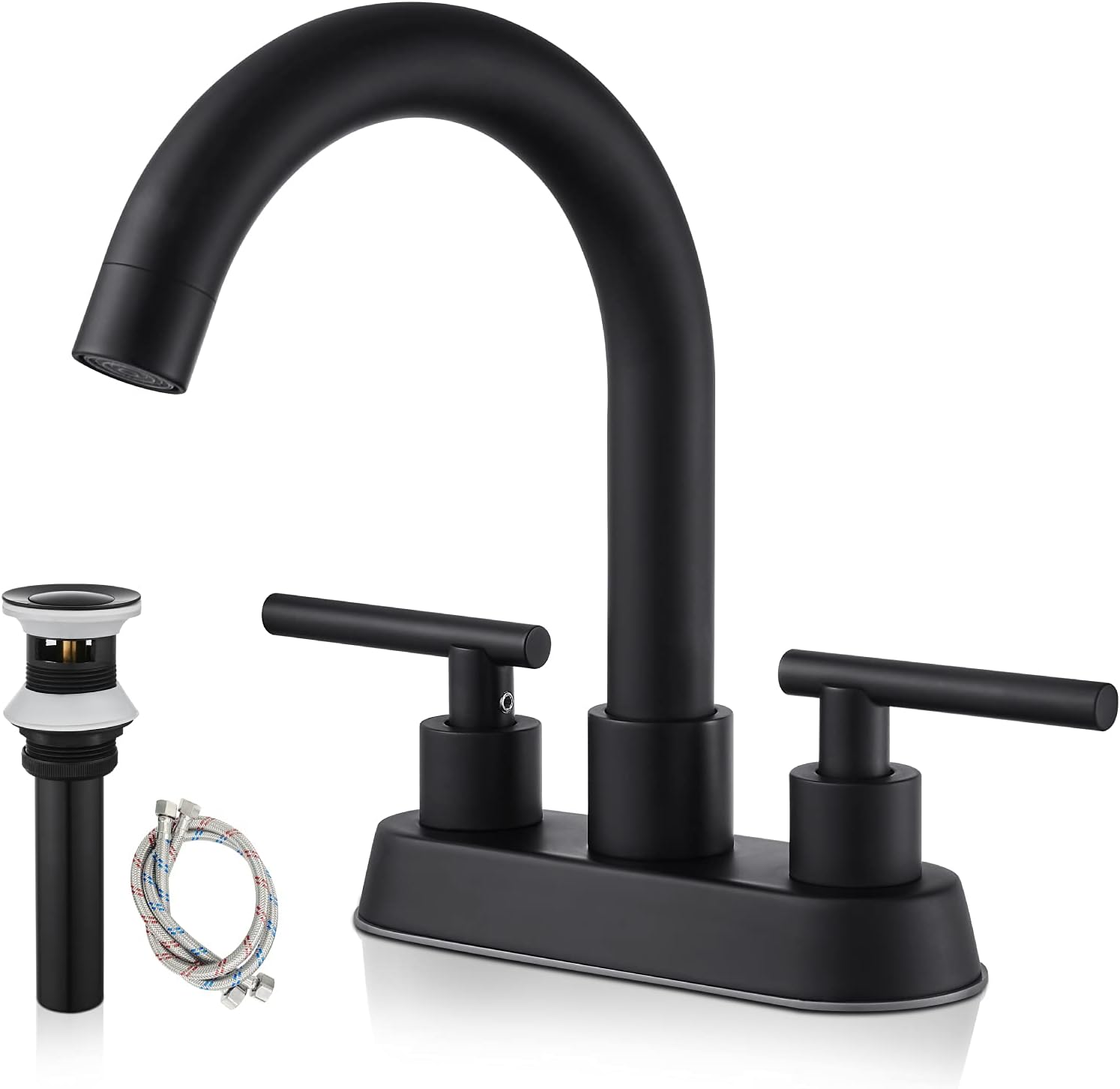 gotonovo Modern 2 Hole Bathroom Sink Faucet 4 Inch Centerset Matte Black Swivel Spout 2-Handle Deck Mounted Lavatory Faucet with Water Supply Lines and Pop Up Drain