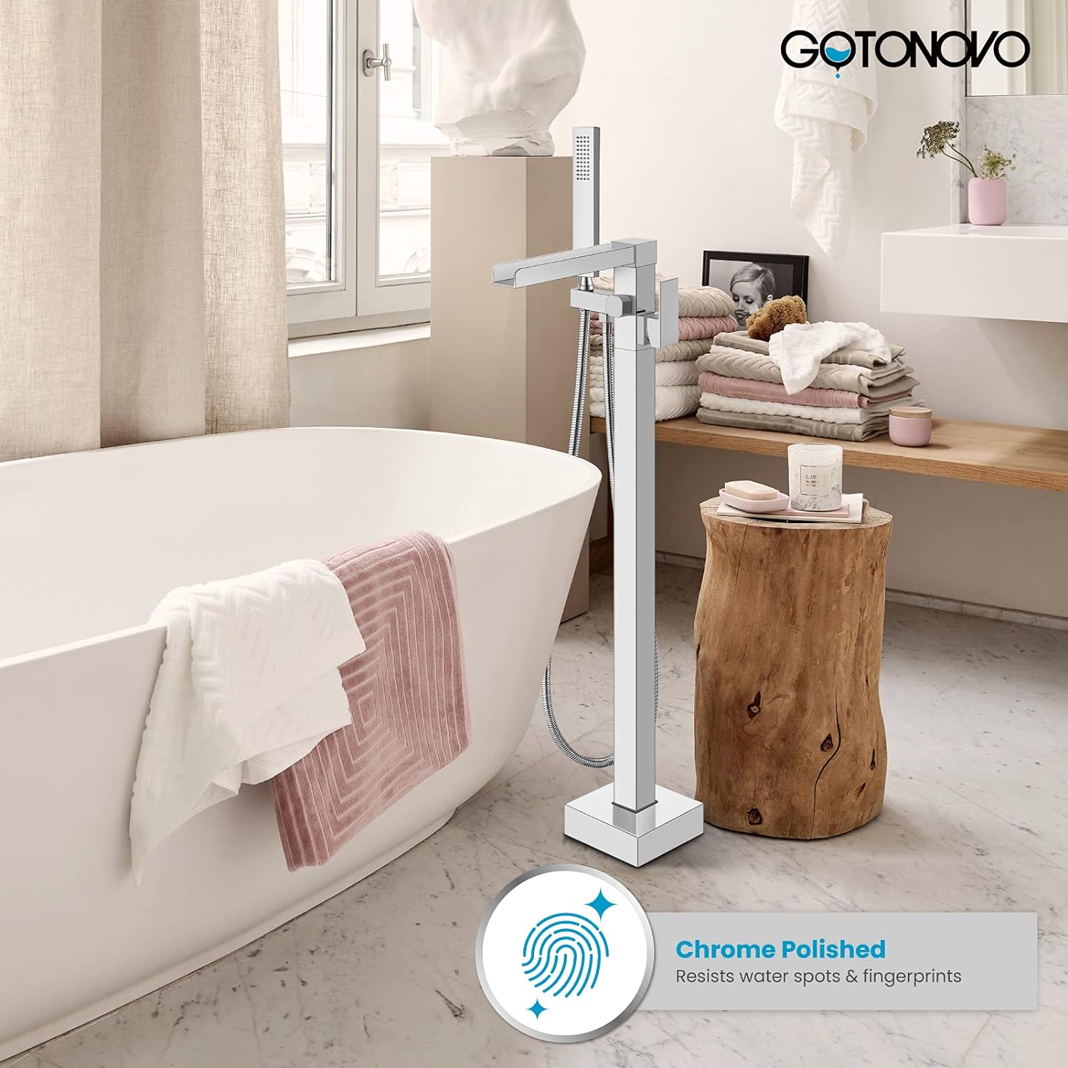gotonovo Waterfall Freestanding Bathtub Faucet Floor Mount Tub Filler Chrome Polished Single Handle Brass Tap with Hand Shower and 360 Degree Swivel Spout
