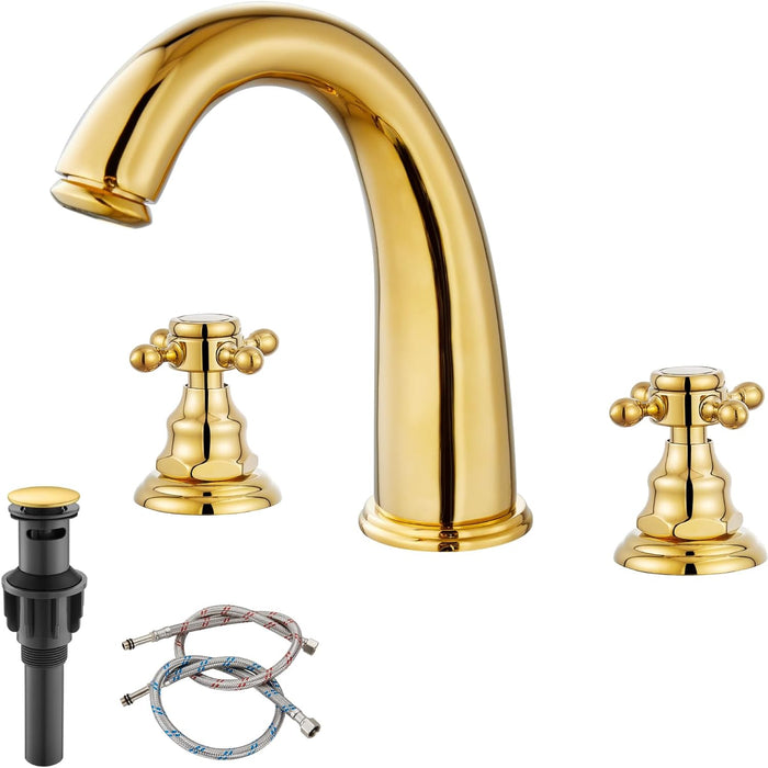 gotonovo 3 Hole Deck Mount 2 Handles Lavatory Basin Bathroom Sink Faucet with Pop Up Drain with Hot and Cold Mixer Valves 8 Inch Widespread Bathroom Faucet Gold Polished Double Cross Handle