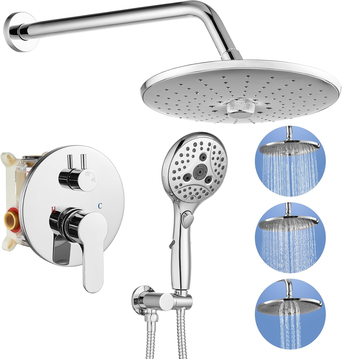 gotonovo Shower Trim Kit Polished Chrome 10 inch 3 Modes Round Rainfall Shower Head Wall Mounted 6-Functions ABS Handheld Spray Shower System Pressure Balanced Rough-in Valve and Trim Included