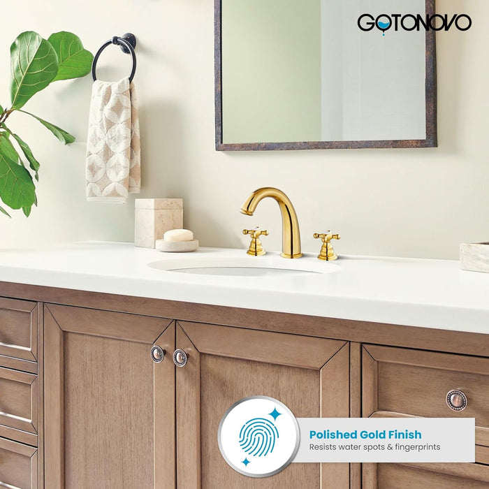 gotonovo 3 Hole 2 Handles Bathroom Sink Faucet with Pop Up Drain with Waterhoses with Hot and Cold Mixer Valves Gold Polished Dual Cross Knobs