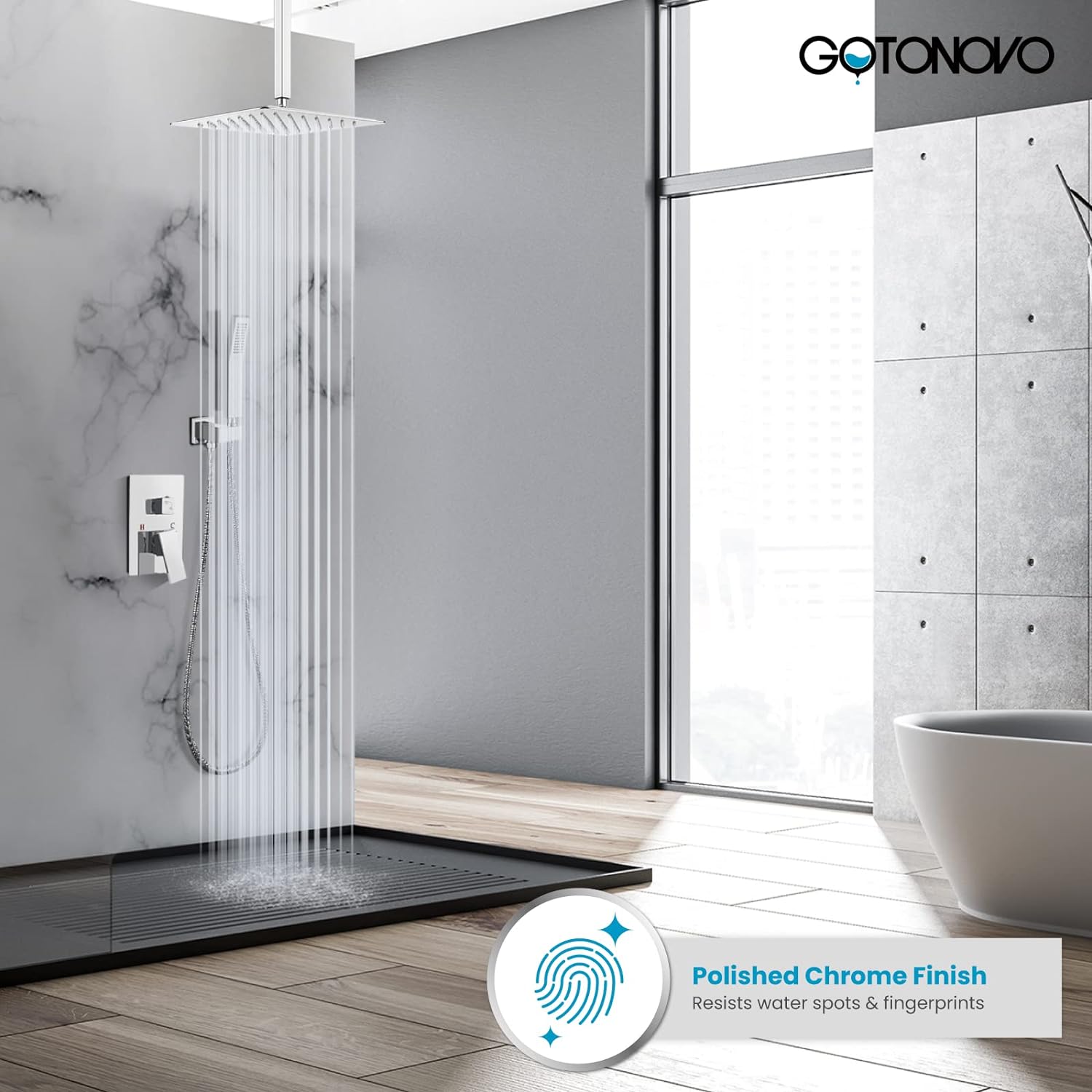 gotonovo Polished Chrome Bathroom 10 Inch Rainfall Shower Head Ceiling Mount with Handheld Spray Shower Mixer Faucet Luxury High Pressure Shower Combo Set Rough-in Valve and Shower Trim Included