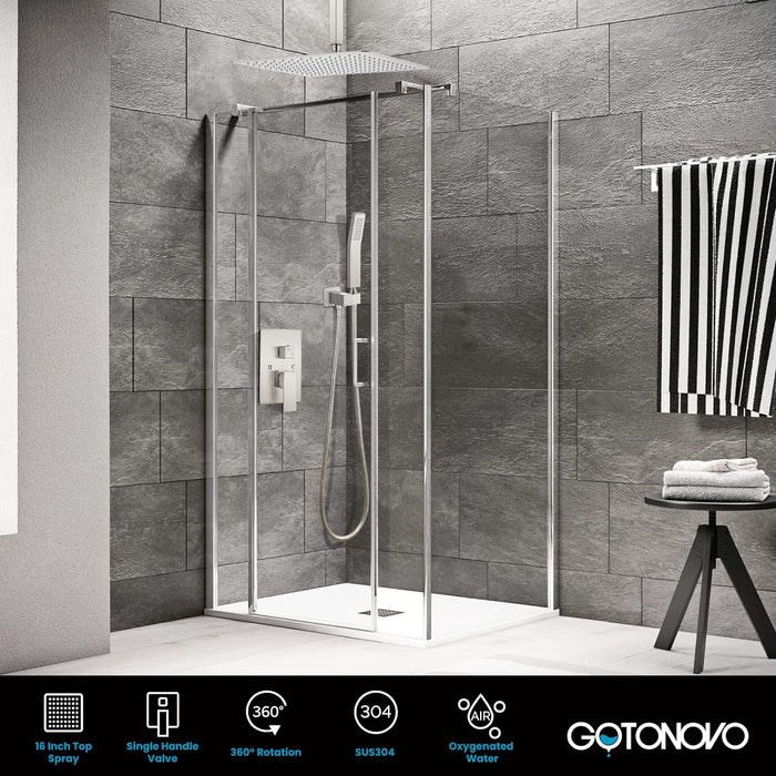 gotonovo Brushed Nickel Bathroom 16 Inch Rain Shower Head Ceiling Mount with Handheld Spray Shower Mixer Faucet Luxury High Pressure Shower Combo Set Rough-in Valve and Shower Trim