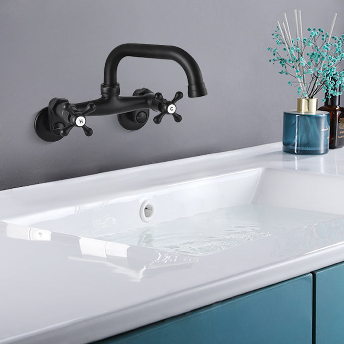 Wall Mount Kitchen Faucet Matte Black Double Cross Handle Commercial 3 Inch to 9 Inch Adjustable Spread Mixer Tap with 9 inch Spout Reach