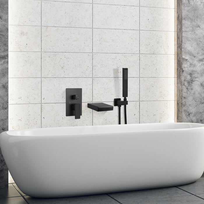 Waterfall Bathtub Faucet with Hand Held Shower Wall Mounted Rough in Valve Bathroom Tub Filler Spout Bathtub Sprayer Solid Brass