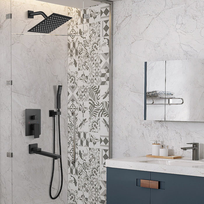 gotonovo Matte Black Bathtub Shower Faucet Set Wall Mount Triple Function Rain Shower System with Tub Spout High Pressure Square 8" Rain Showerhead Hand Shower Rough-In Valve