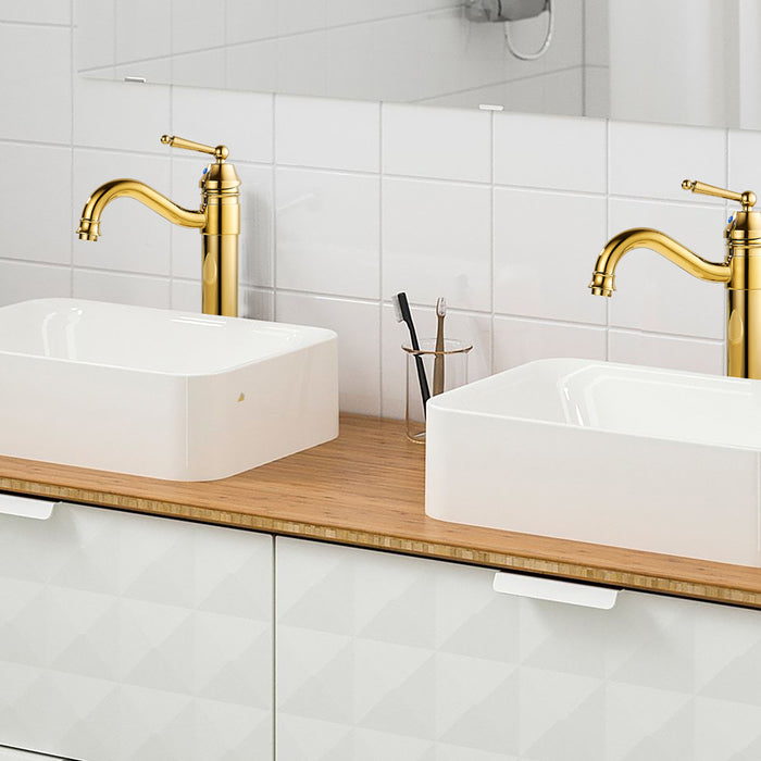 Bathroom Sink Faucets Polished Gold One Hole Single Handle Tall Body Swivel Spout Gold Finish Pop Up Drain Without Overflow Vessel Faucet