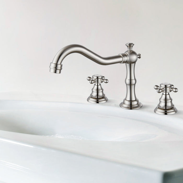 Widespread Bathroom Faucet Brushed Nickel 3 Holes Deck Mounted Victorian Style Dual Cross Knobs Hot and Cold Water with Pop Up Drain Assembly with Overflow