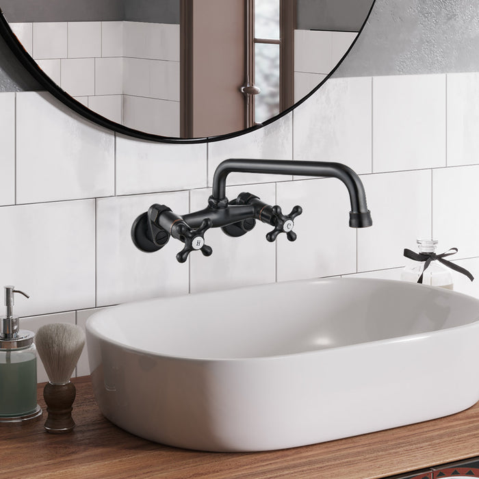 gotonovo Oil-Rubbed Bronze Wall Mount Kitchen Faucet with 9 inch Spout Reach Utility 3 Inch to 9 Inch Adjustable Spread Kitchen Sink Tap Mixer Faucet Dual Cross Handle