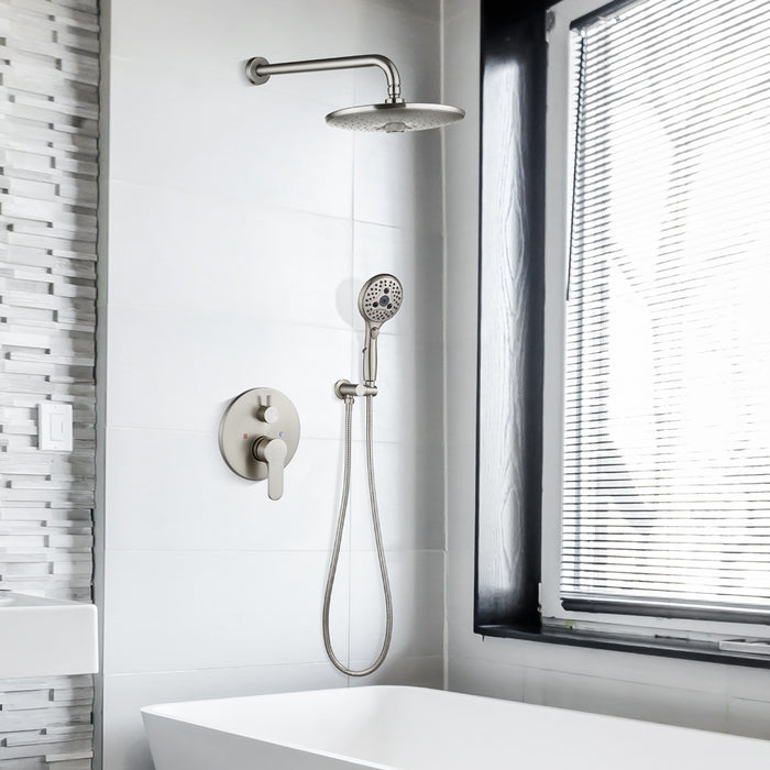 gotonovo 10 Inch Round 3 Settings Rainfall Shower Head Shower Trim Kit Brushed Nickel Wall Mounted 6-Functions ABS Handheld Spray Shower System Pressure Balanced Rough-in Valve and Trim Included