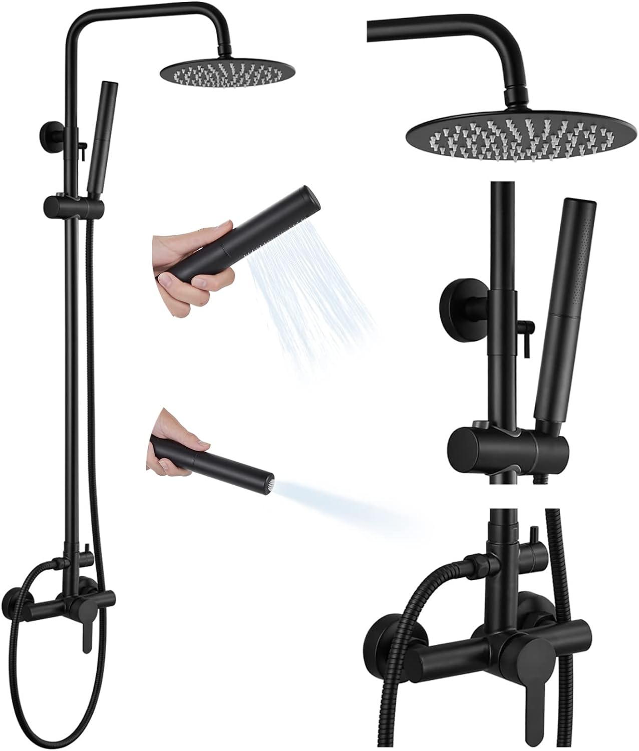 gotonovo Outdoor Shower Faucet Sets Matte Black 304 Stainless Steel Shower Head with 2 in 1 Cylinder Handheld Spray 2 Function Exposed Shower Combo Set Wall Mount Single Handle
