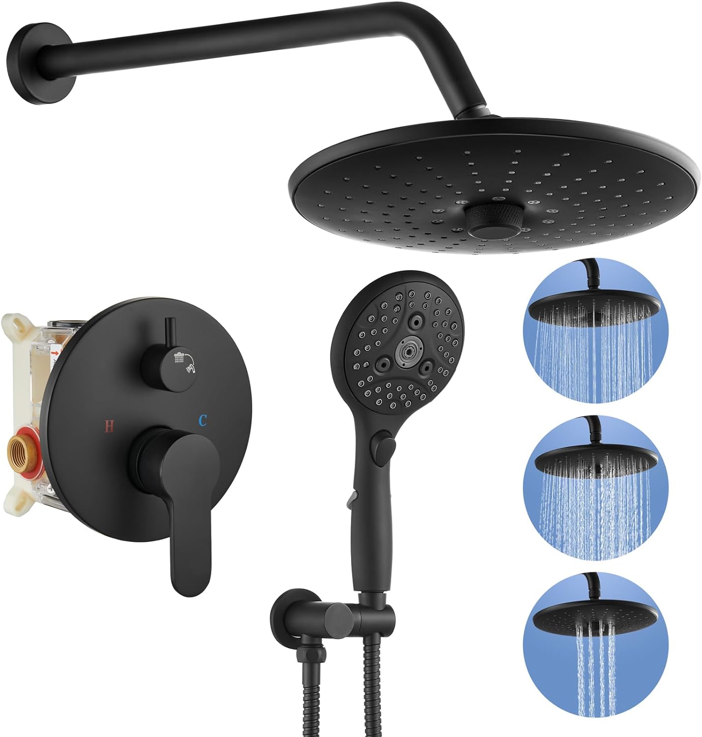 gotonovo Matte Black 10 Inch Round 3 Modes Rainfall Shower Head 6 Settings ABS Handheld Spray Wall Mounted Shower Trim Kit Shower System Pressure Balanced Rough-in Valve and Trim Included