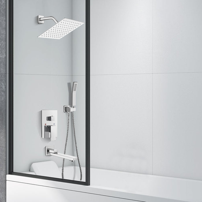 gotonovo Bathroom Shower Faucet Set Wall Mount Triple Function Shower System with Tub Spout Chrome Polished High Pressure Square 8" Rain Showerhead Hand Shower Rough-In Valve