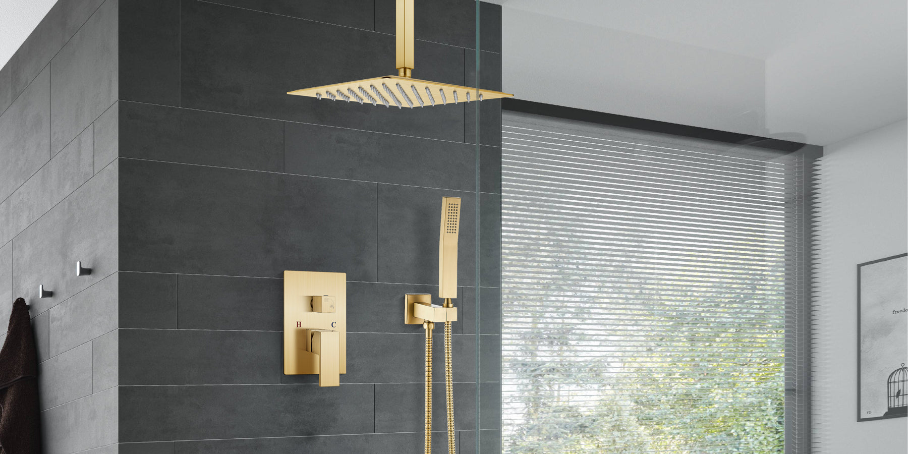 gotonovo Brushed Gold Ceiling Mount Rainfall Shower System with 12 inch Square Shower Head with Handheld shower and Pressure Balance Shower Valve Kit Luxury Rain Mixer Shower Combo Set Bathroom