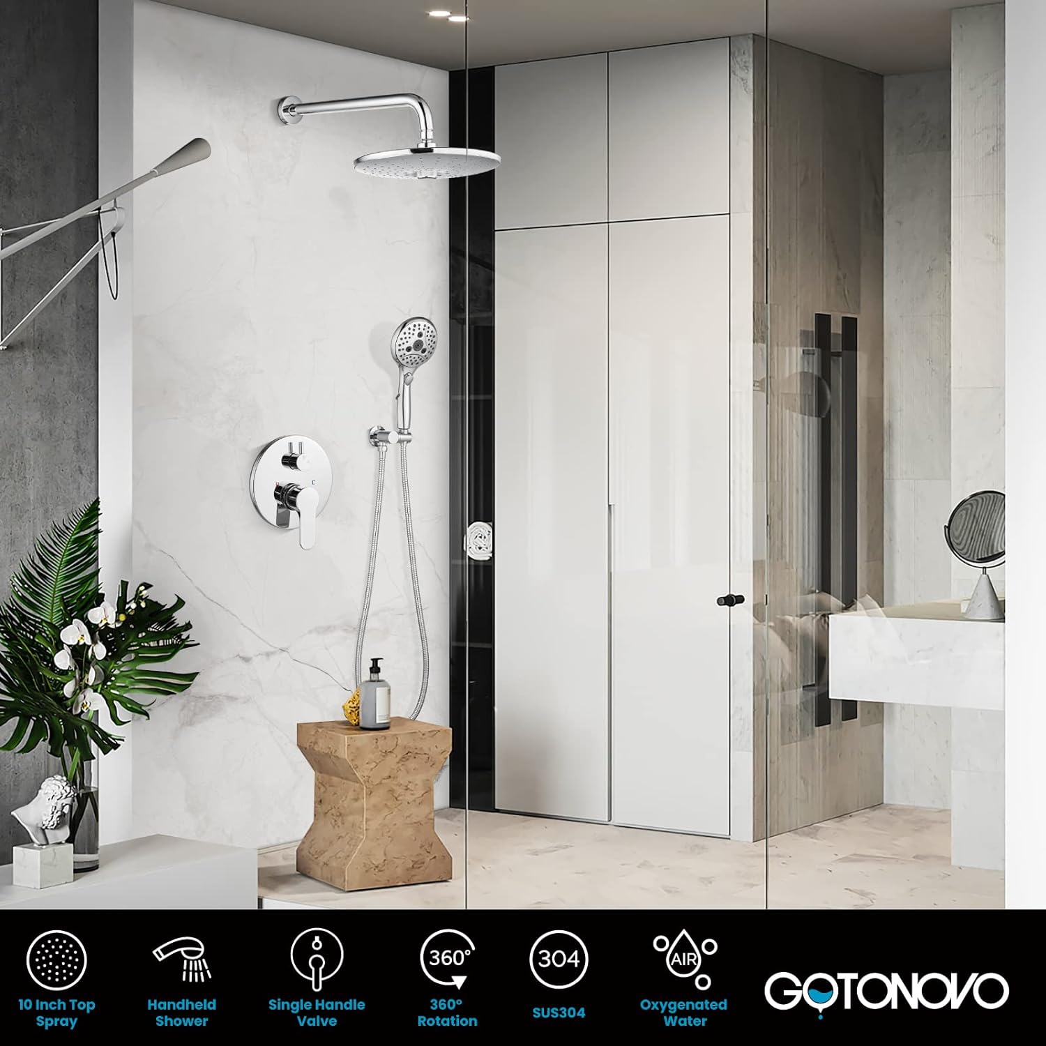 gotonovo Shower Trim Kit Polished Chrome 10 inch 3 Modes Round Rainfall Shower Head Wall Mounted 6-Functions ABS Handheld Spray Shower System Pressure Balanced Rough-in Valve and Trim Included