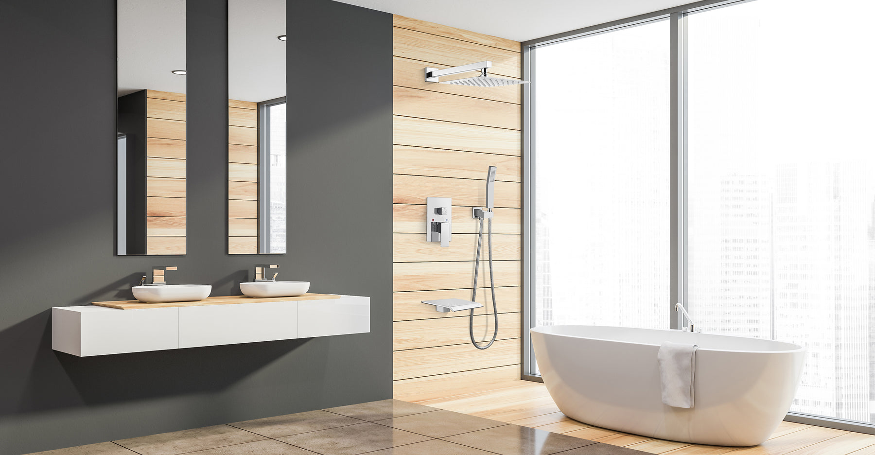 Rain Mixer Shower Faucet Set with Waterfall Tub Spout 10 inch Square Rainfall Shower Head with Handheld Spray Wall Mounted