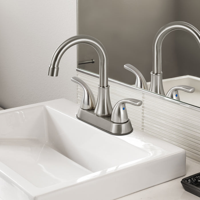 4 Inch Centerset Bathroom Sink Faucet 2 Hole Lavatory Mixer Tap Deck Mount 2 Handles with Pop Up Drain and Water Supply Lines
