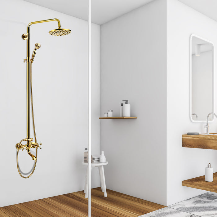 Wall Mounted Bathroom Rainfall Shower Faucet System Set Mixer 8-Inch Round Head Double Cross Handles Bathroom Bathtub Hand Spray Tub Spout Bathroom Fixtures