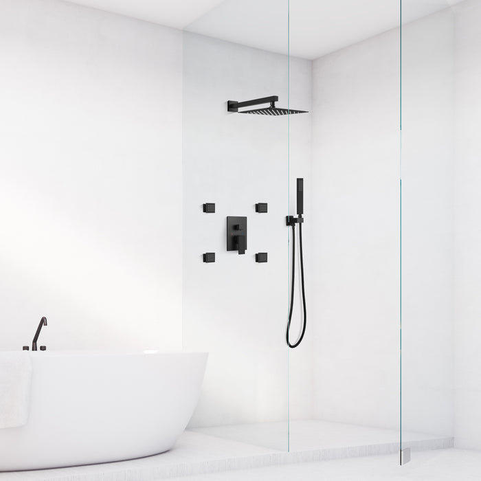 Rain Mixer Shower Faucet Set 12 inch Square Rainfall Shower Head with 4 Body Spray Jets and Brass Handshower