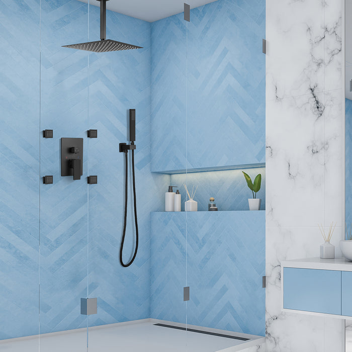 Ceiling Mounted Rain Mixer Shower Faucet Set 12 inch Square Rainfall Shower Head with 4 Body Spray Jets and Brass Handshower