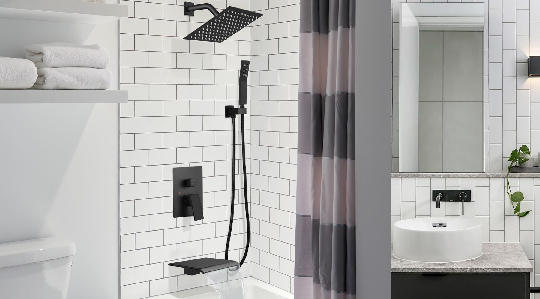 gotonovo Rain Mixer Shower Faucet Set with Waterfall Tub Spout 10 inch Square Rainfall Shower Head with Handheld Spray Matte Black Wall Mounted Pressure Balance Rough-in Valve and Trim Included