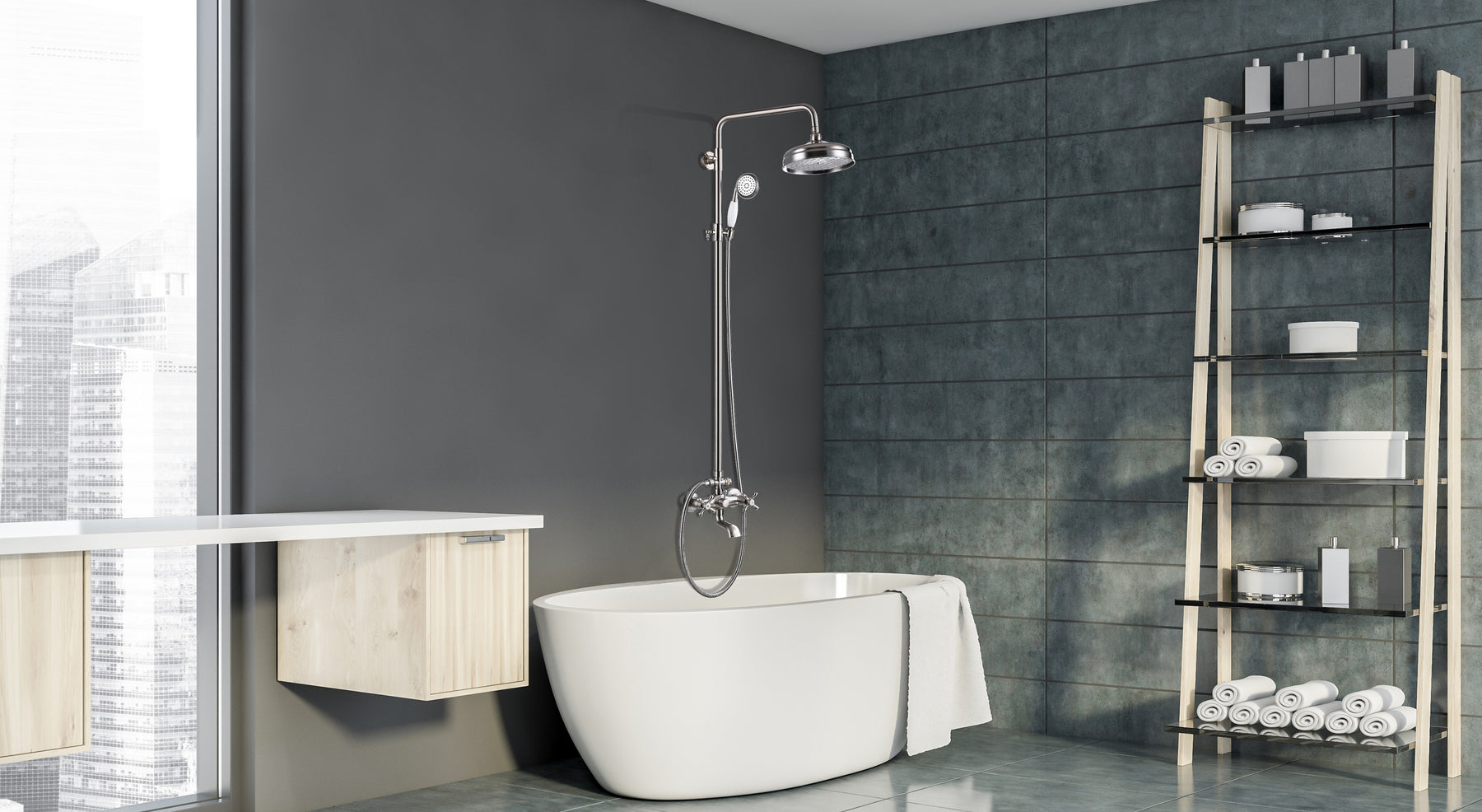 Bathtub Shower Faucet System 8-inch Rainfall Showerhead with Handheld Spray Dual Cross Knobs Handles Wall Mounted Triple Function Shower Unit