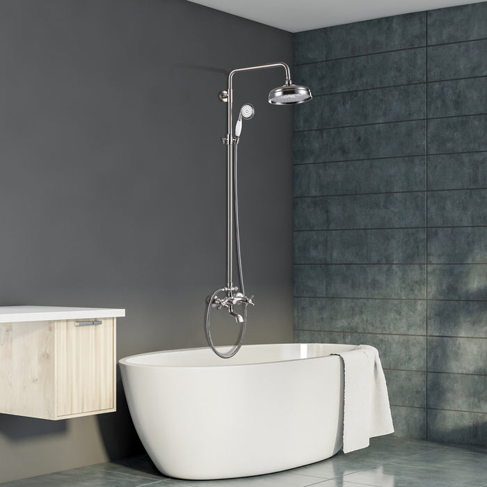 Bathtub Shower Faucet System 8-inch Rainfall Showerhead with Handheld Spray Dual Cross Knobs Handles Wall Mounted Triple Function Shower Unit